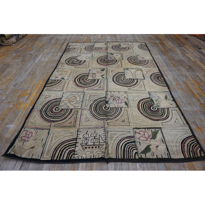 Antique Artistic Folk Art Design American Hooked Rug