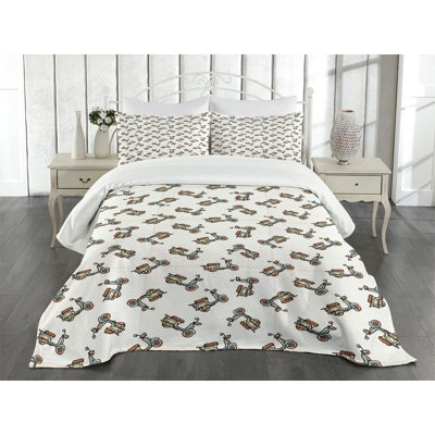 Ambensonne Motorcycle Bedspread Deep Deck Scooters Almond Green Caramel