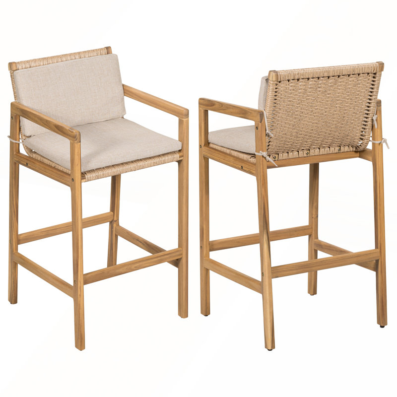 Ensemble de 2 tabourets d'extérieur en bois de teck avec coussin beige
