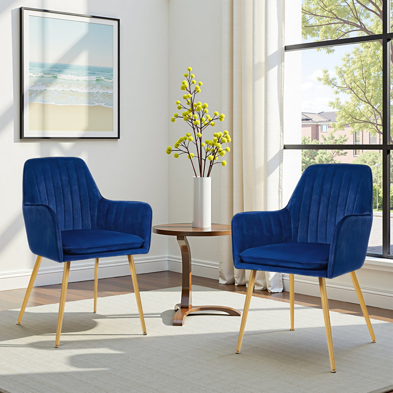 Set Of 2 Mid-century Modern Blue Velvet Upholstered Dining Armchairs With Gold Metal Legs, Tufted Accent Chairs With Arms For Kitchen, Living & Dining Room