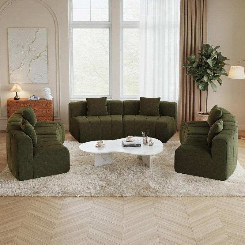 Canapé d'angle incurvé sans ossature en chenille verte Enn avec six coussins, 6 modules, emballage sous vide, Chenille verte