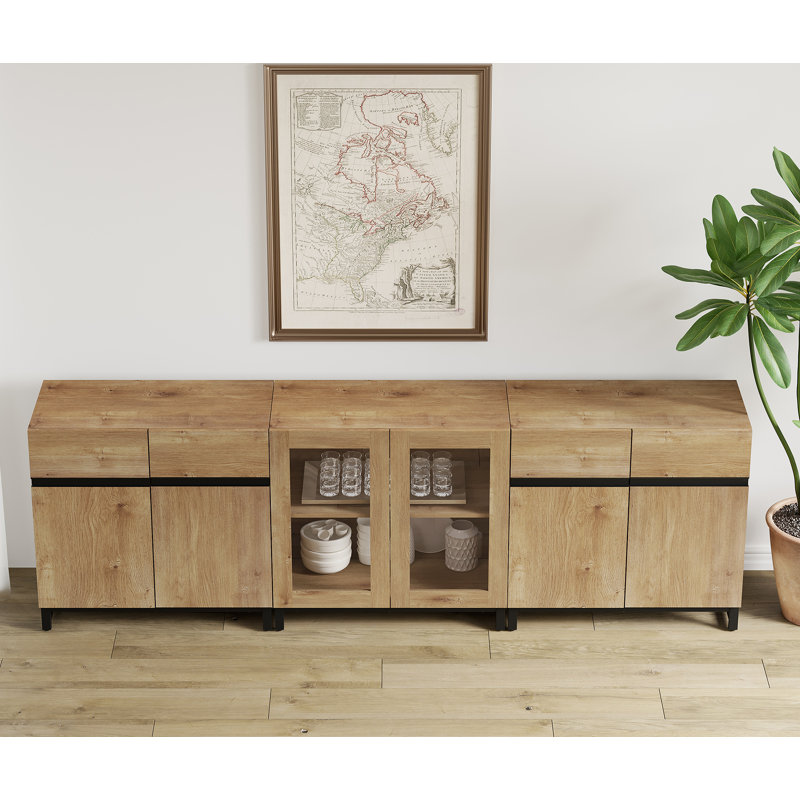Modern Sideboard With Adjustable Shelves, 3 In 1 Storage Cabinet With Glass Doors, Coffee Bar Cabinet For Living Room, Kitchen