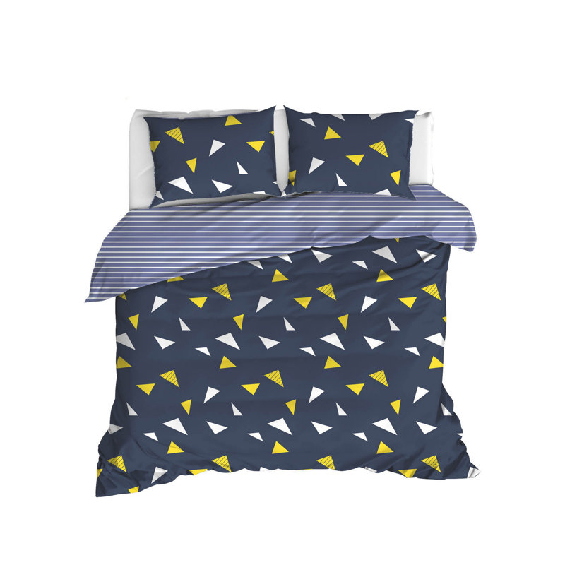 Ensemble de housse de couette 100% coton bleu foncé / jaune / blanc Edalia, Housse de couette pour très grand lit + 2 taies d