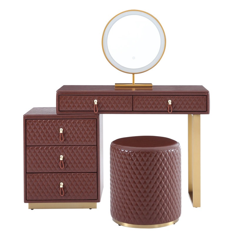 Ensemble de coiffeuse et tabouret de coiffeuse chic en similicuir huilé avec miroir