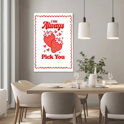2D Flat, 1Pc Framed Canvas Wall Art, Strawberry theme, adorned with hearts and stars, vintage cartoon style Art Print Canvas Poster Painting Room Wall