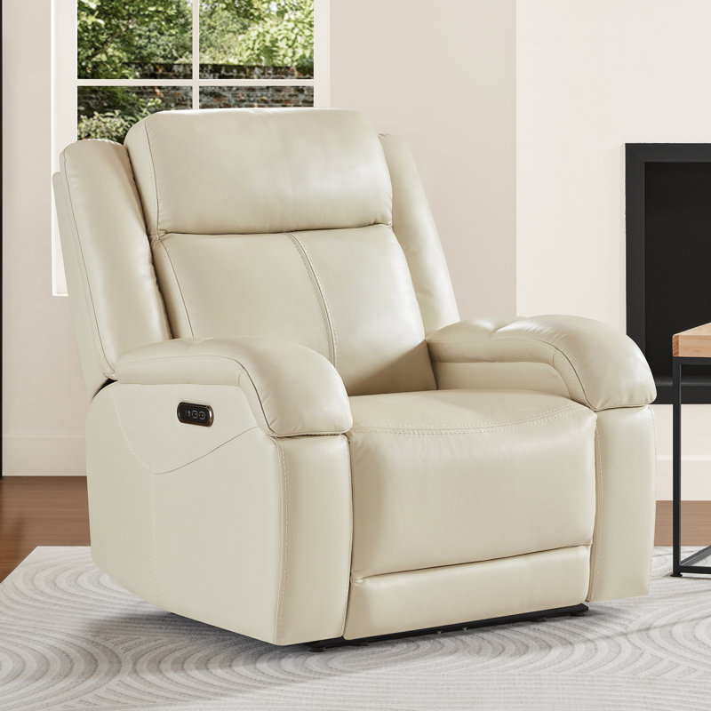 Fauteuil inclinable électrique en cuir véritable avec appui-tête réglable, Crème, crème