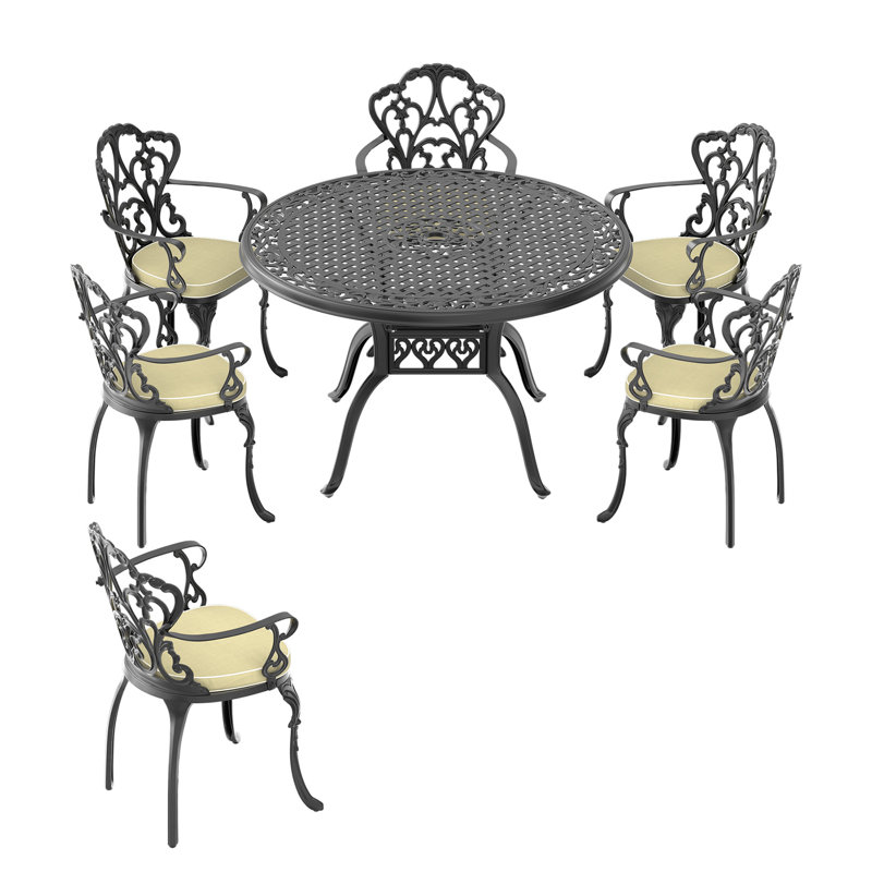 Akiesha Patio Dining Set Round Table with Cushions Included, 22.05" D x 21.65" W x 35.83" H, 6