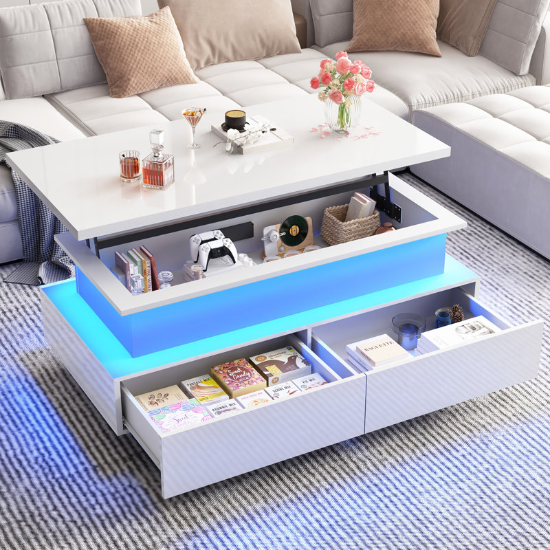 43.3" Modern Led Lift Top Coffee Table With Storage Drawer And Hidden Compartment High Gloss Center Table With App Control Lighting For Living Room