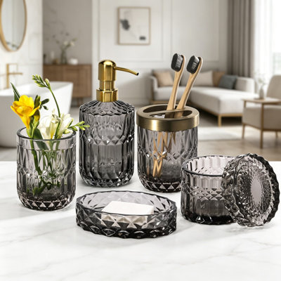 6-Piece Premium Glass Bathroom Accessories Set With Soap Dispenser, Toothbrush Holder, Tumbler, Soap Dish, And Cotton Swab Jar - Modern Crystal Clear Design For Bathroom Organization And Decor