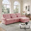 Canapé d'angle 3 places en chenille rose capitonnée avec pouf et accoudoirs arrondis