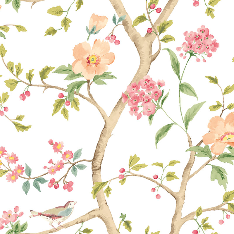 Bird Song - Silver 10m Wallpaper, White Floral