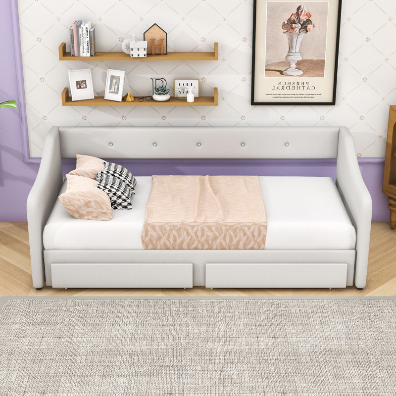 Rilla Twin XL Upholstered Daybed with Two Drawers, Beige