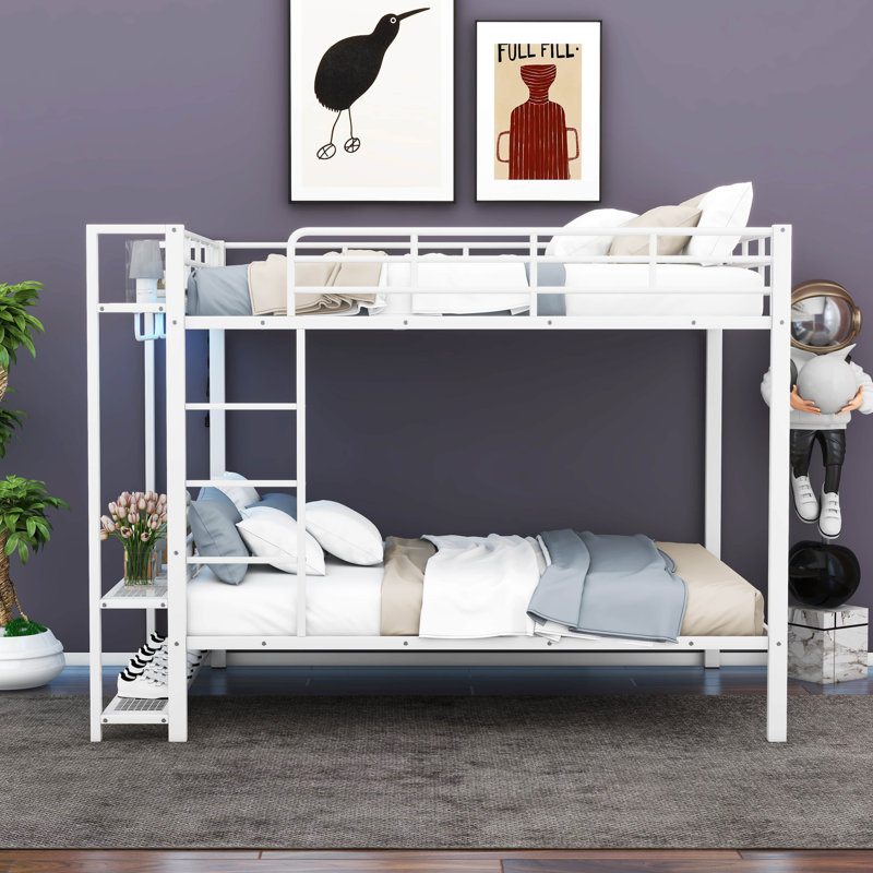 Lit superposé double au-dessus de double avec tablettes en filet et crochets à vêtements, cadre de lit superposé en métal avec lumière DEL
