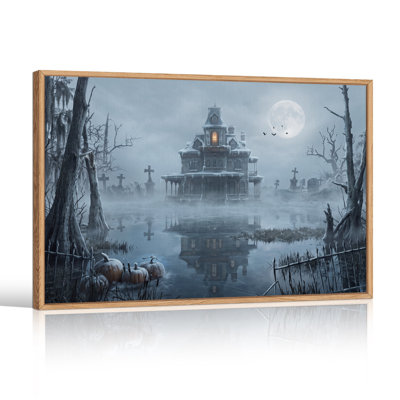 "Haunted House Under Full Moon in Foggy Swamp", art mural sur toile