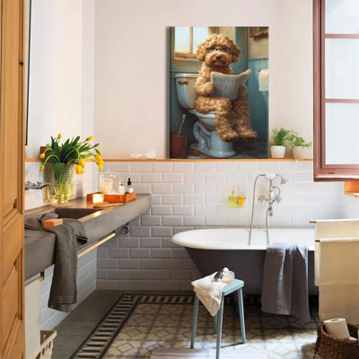 Drôle de salle de bain sur toile, ensemble de 2 caniches sur la toilette, lecture de journal, décoration murale, Goldendoodle dans la douche, humour, affiche pour photo pour les amoureux des chiens