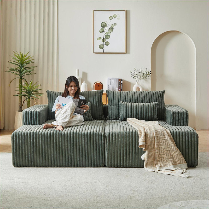 Canapés modulaires | Canapé-lit moderne surdimensionné sans assemblage de 87 po pour chambre à coucher | Velours côtelé | Vert olive