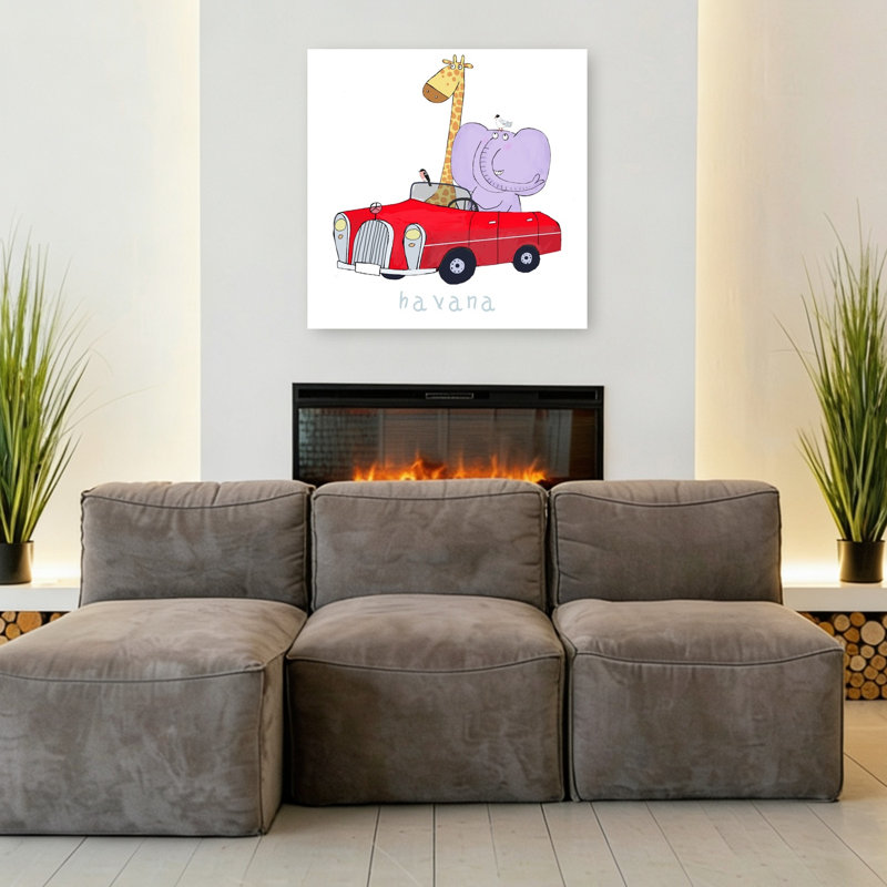 Animal Friends Red Car Classic Playful Whimsical Bird Elephant Giraffe Wall Art Print by Carla Daly - Wrapped Canvas Print
