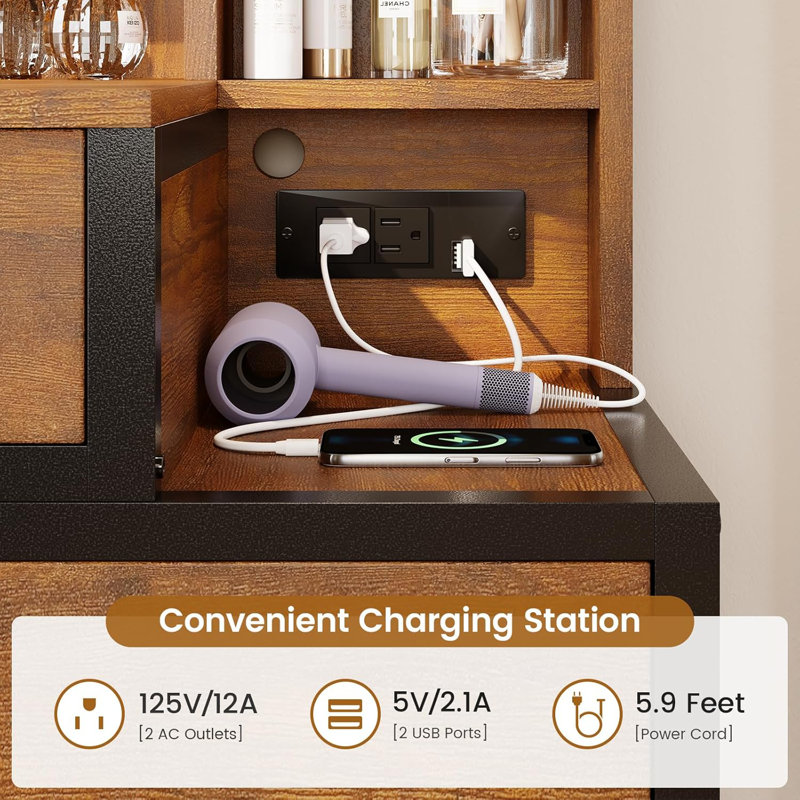 Retro dressing table with 3 colours lights Charging station with 2 USB ports and sockets