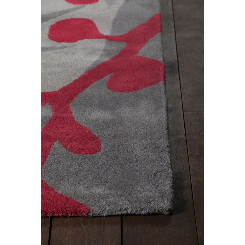 Tapis botanique moderne en laine touffeté à la main gris et rouge Stella, 5 pi x 7 pi 6 po