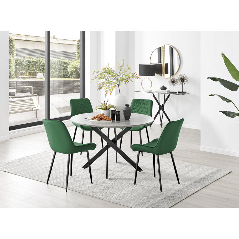 Tierra Modern Chrome Metal & Glass Round Dining Table Set with 4 Luxury Velvet Dining Chairs, Green/Black, 75 x 120 x 120cm