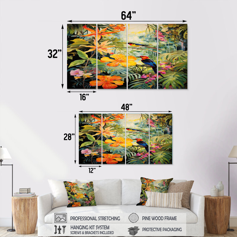 Oiseaux colorés dans une jungle tropicale fleurie - oiseau, art mural sur toile 4 pièces, H 28 po x l 48 po