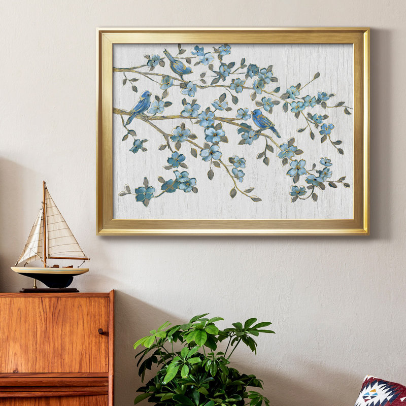 «Blooming Bluebirds», reproduction encadrée de qualité supérieure - prête à être accrochée, H 30,5 po x l 42,5 po x P 1 po