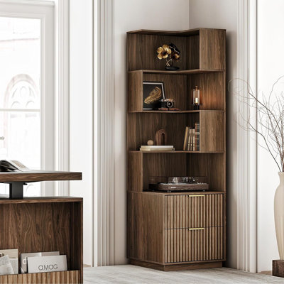 Bibliothèque d'angle à 5 niveaux avec tiroirs, noyer noir, bibliothèque d'angle de 71 po de hauteur avec rangement et déflecteurs pour le bureau à domicile ou le salon