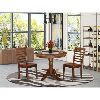 L'ensemble de 3 tables de salle à manger modernes comprend une table de cuisine ronde avec piédestal et 2 chaises de salle à manger, 36 x 36 pouces, acajou
