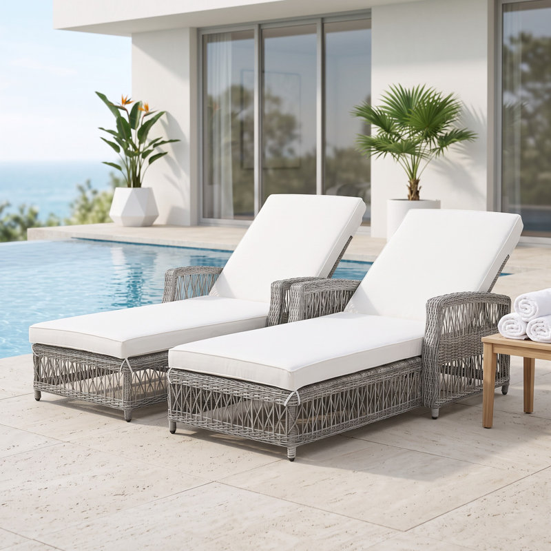 Chaise longue d'extérieur en osier avec coussins, Beige, 2 pièces