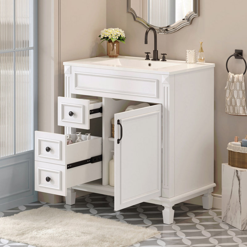 Meuble-lavabo 30 po avec lavabo en céramique, petite armoire moderne, 2 tiroirs, tablette réglable, Blanc