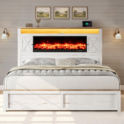 Sherell 57'' Farmhouse Queen Size Bed Frame with Non-Heating Fireplace&LED Light&4  Drawers,White