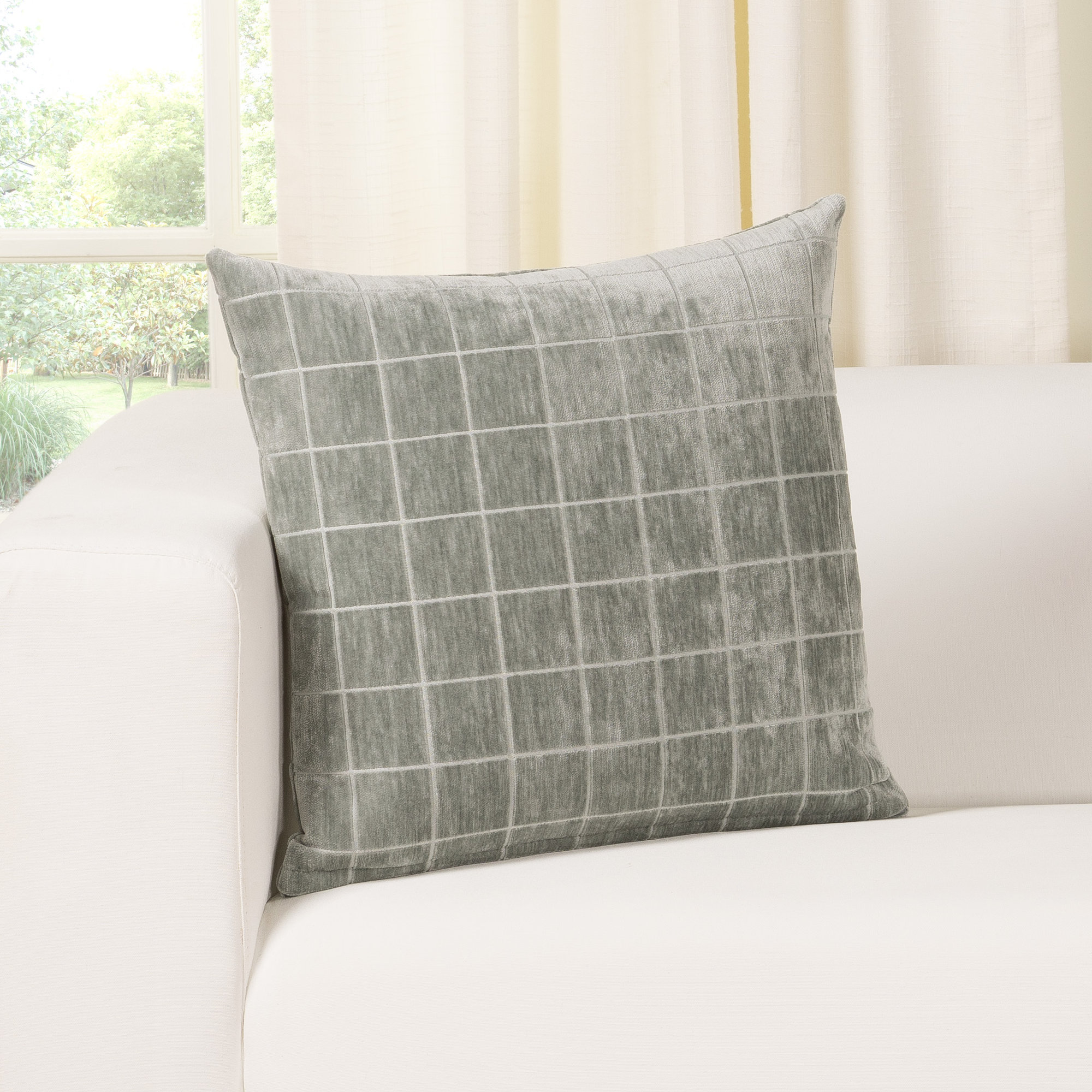 Otterville Velvet Grid Throw Pillow, Cement Geometric, Polyester, 18"H x 18"W