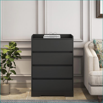 4 Drawer Dresser, Black No Handle Modern Cabinet with Anti-Tipping Kit, 100% Waterproof | Bedroom | MDF