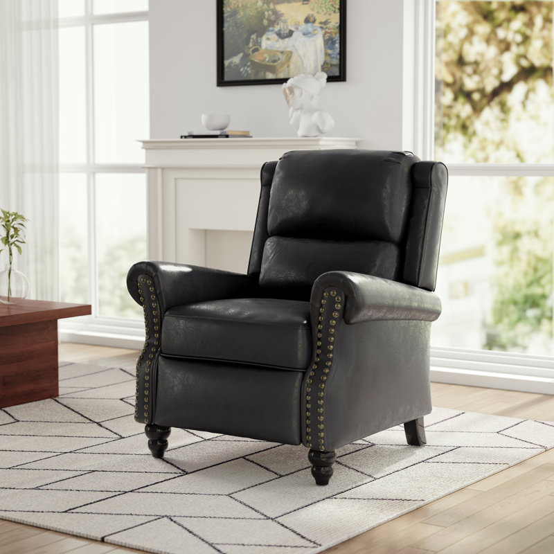 Ameiah Upholstered Faux Leather Manual Push Back Recliner Chair with Wingback, Black