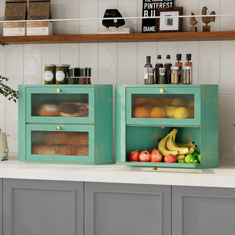 Boîte à pain de coin en bambou pour la cuisine, rangement de pain à double couche de comptoir, rangement pour pain de grande capacité, bac avec porte transparente en acrylique ondulé (bleu antique)