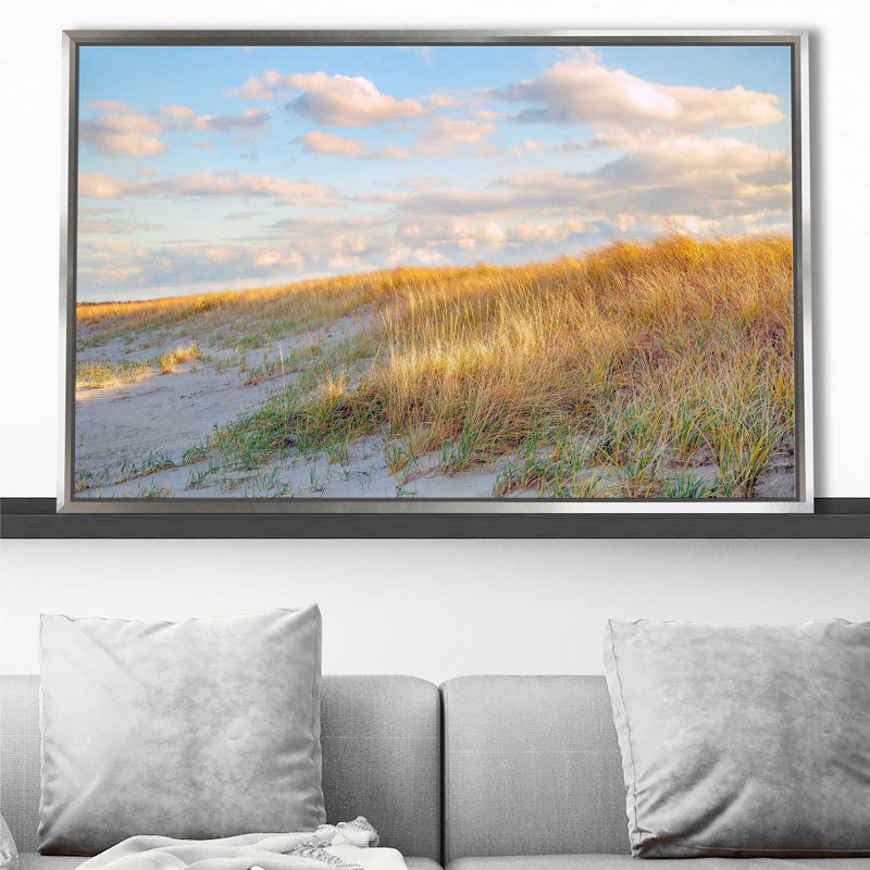 «Grassy Dunes Panorama» par - Photographie, Cadre flottant argent, H 39,5 po x l 63,5 po x P 2 po