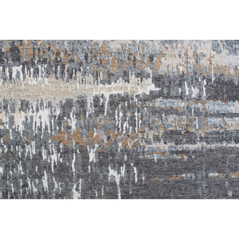 Tapis gris / ivoire / bleu noué à la main de haute qualité, Rectangle 6 pi x 9 pi