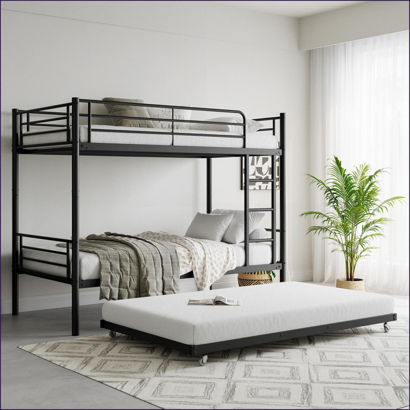 Twin Over Twin Metal Bunk Bed with Trundle &amp; Ladder, Noise-Free, No Box Spring Needed, Black