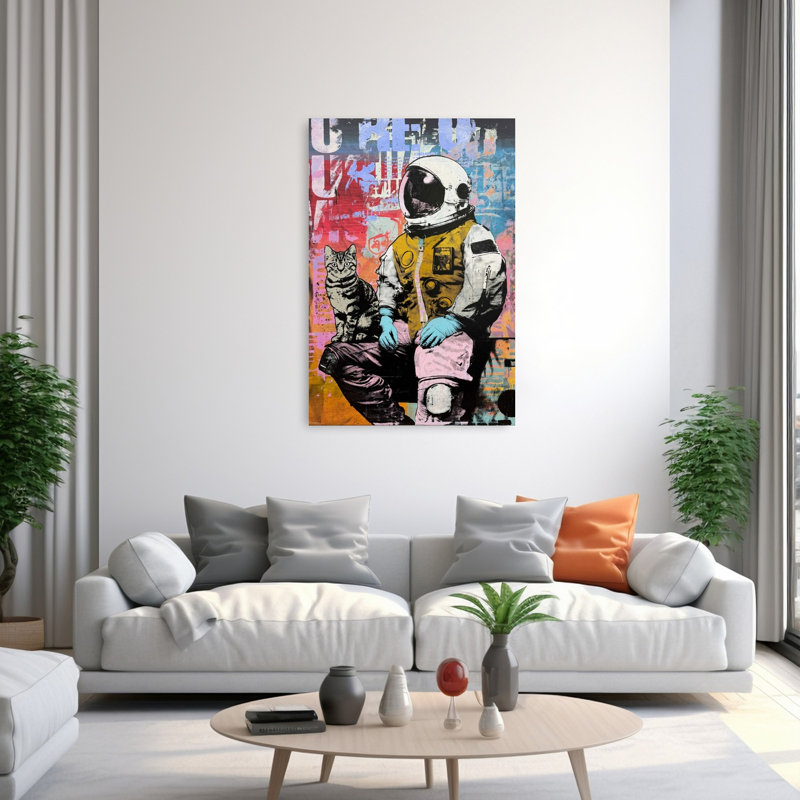Astronaut Cat Adventure Modern Playful Surreal Cat Urban Wall Art Print 1 Piece Wrapped Canvas Wall Art