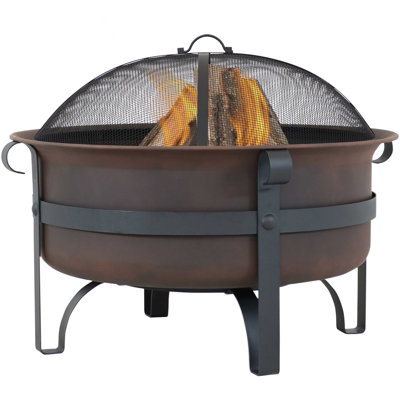 Banesa 29" Round Wood-Burning Bronze Finish Steel Fire Pit Bowl with Spark Screen and Poker