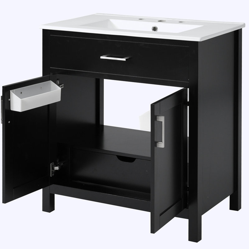 Meuble-lavabo de salle de bain avec lavabo en céramique et beaucoup de rangement, Noir, noir, noir, noir