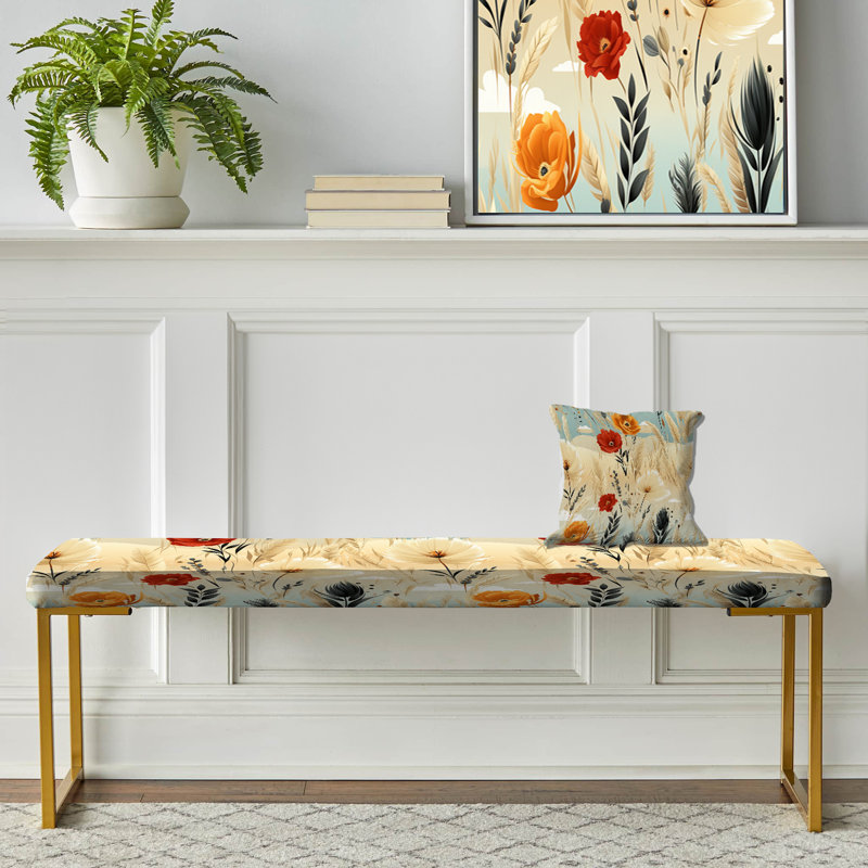 Banc rembourré or, Beige Meadow Flowers Boho Pattern IV 