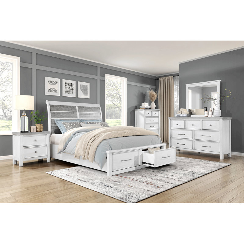 Lit plateforme antique au fini blanc et gris avec rangement pour pied de lit, Très grand lit