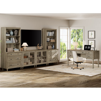 Farmhouse Style Desk And TV Stand Combo Set, Entertainment Center With Bookshelves For Tvs Up To 75", Glass Storage Cabinet，Writing Desk With 5 Drawers For Home Office And Living Room, Wash Grey