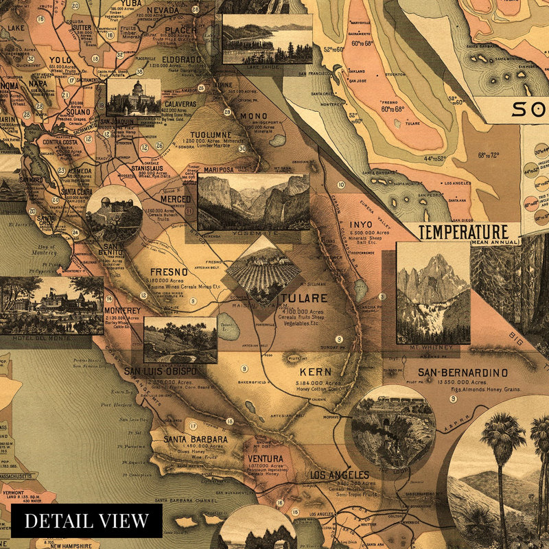 1888 California Map, affiche sur papier, H 36 po x l 24 po x P 0,01 po