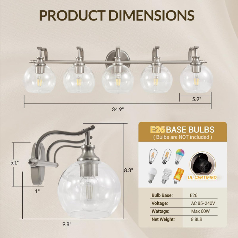 Luminaire de salle de bain Modern, Nickel brossé, 5