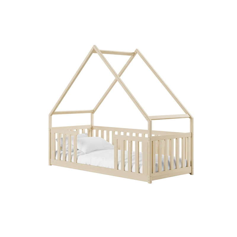 Wooden Single House Bed Bee 90x190cm - Floor-Hugging Design with Contemporary Style, Pine