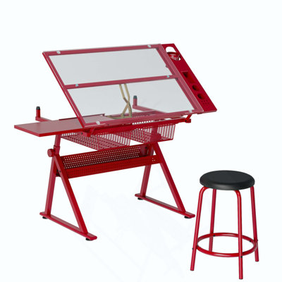 red adjustable tempered glass drafting printing drafting table with chair
