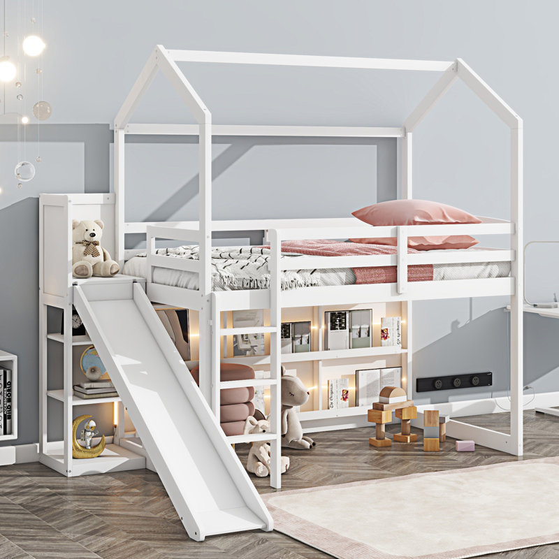 Lit mezzanine avec glissade Wood House, Blanc