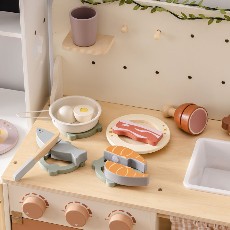 Wooden Play Food Cutting Meat & Eggs Set, Pretend Play Toy Food for Play Kitchen with Shopping Bag